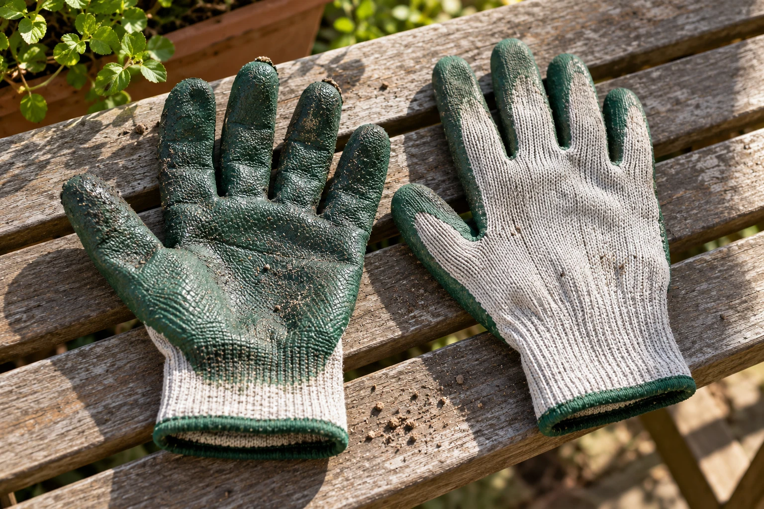 Lege tuinhandschoenen tonen een gecoate handpalm naast een gebreide stoffen rug.