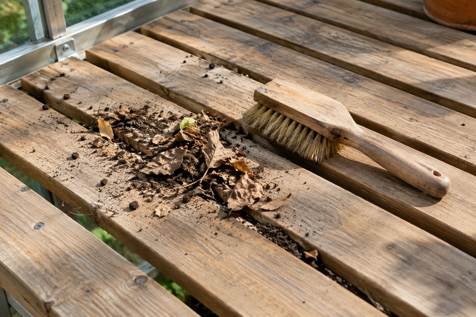An empty slatted greenhouse bench with a small brush and a little loose debris on its surface.