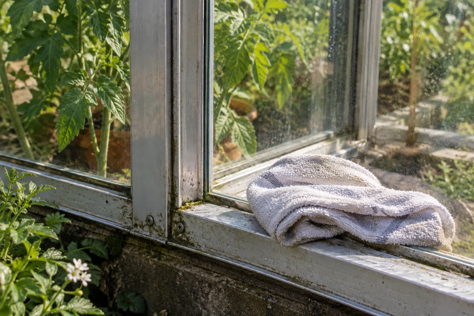 A glazed aluminium greenhouse corner with a damp cloth resting on the ledge beside it.