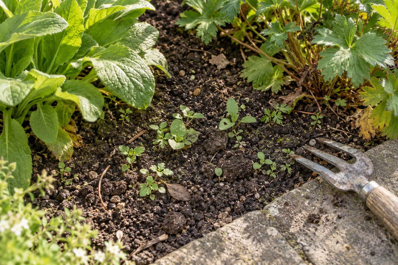 Small seedlings grow on exposed soil between established stems, with a hand fork resting alongside.