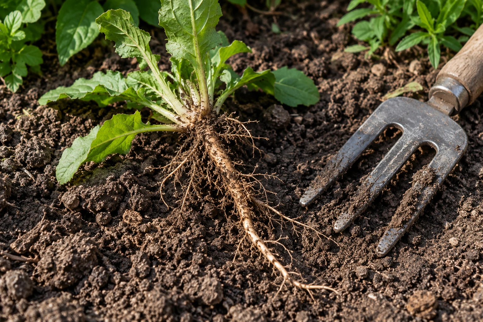 A lifted broadleaf weed with a tapered root lies on soil beside a worn hand fork.
