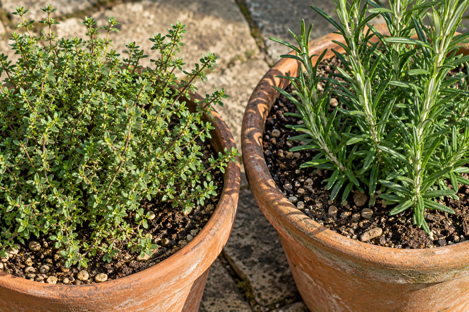 Kleine blaadjes en smal blad groeien in afzonderlijke terracotta kruidenpotten.