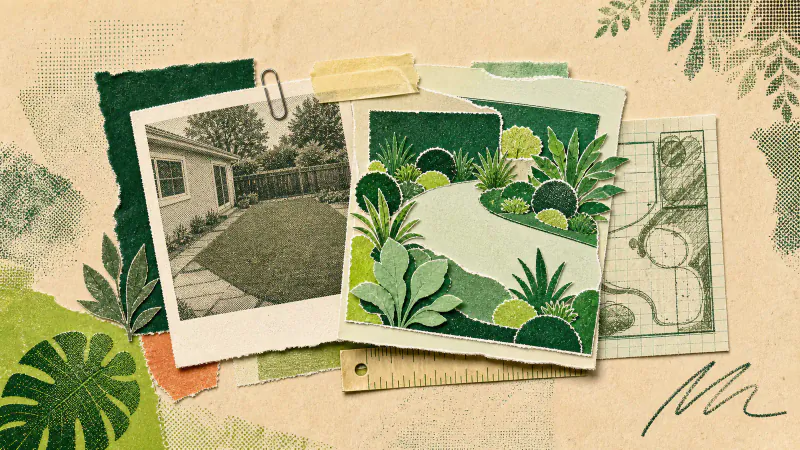 Torn-paper collage of a backyard photo becoming a planted garden concept