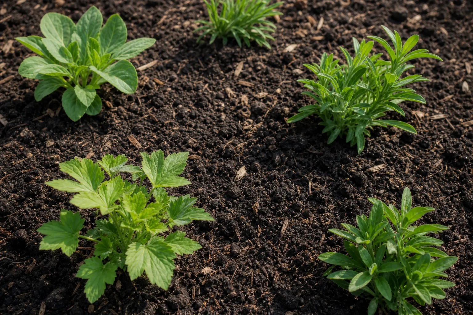 Young perennials sit with generous soil gaps between them, allowing room for the real growth an instantly full render does not show.