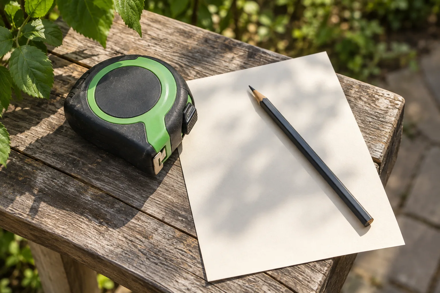 A closed tape measure, pencil and blank paper sit on a weathered garden table.
