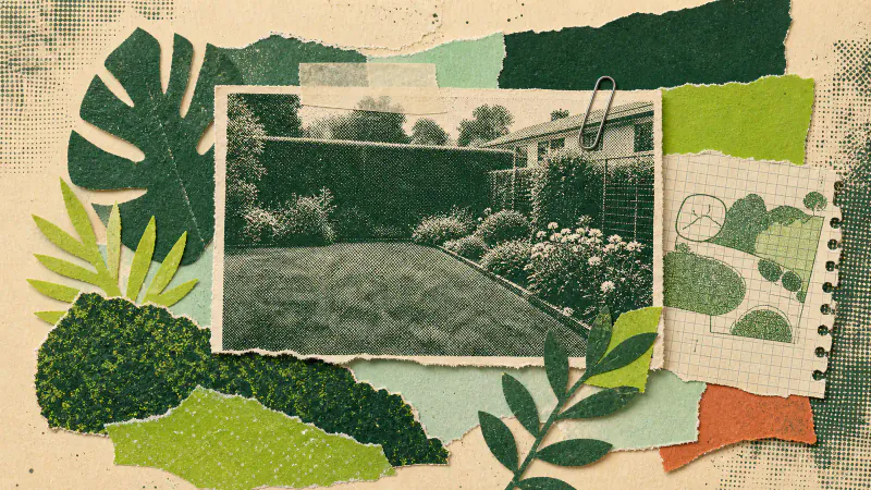 Paper collage of a halftone backyard photo taped over torn-paper garden shapes, cutout leaves and a graph-paper planting sketch