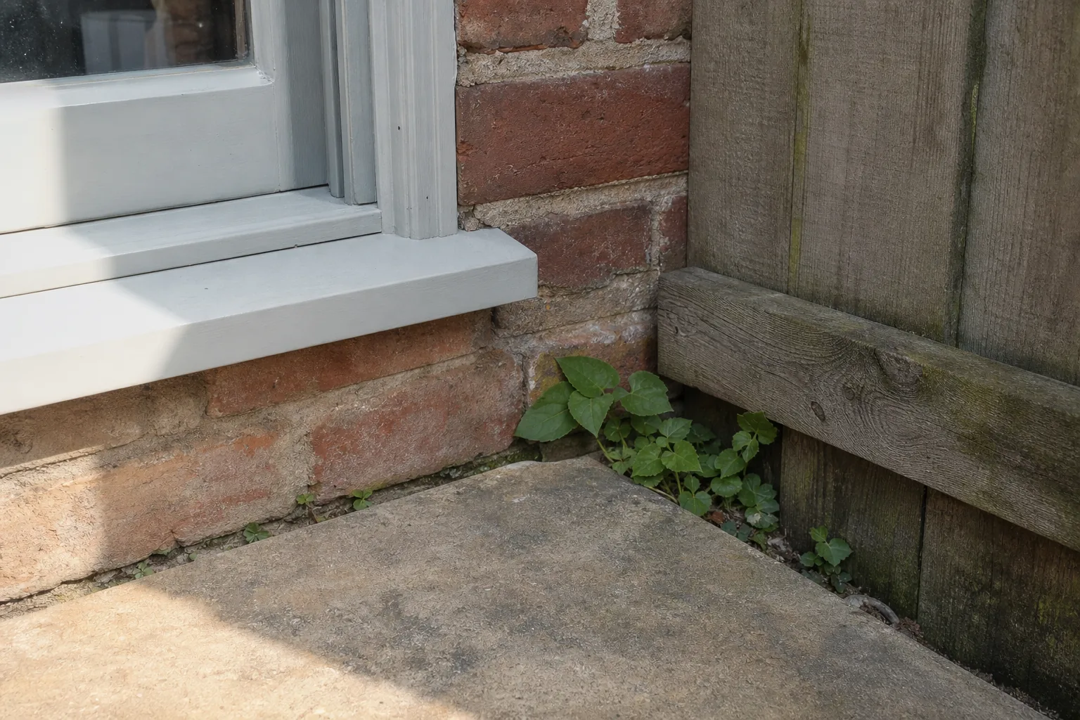 A window frame, brick wall, paving slab and fence meet in one tight view, providing fixed anchors for comparing a source photo with its render.