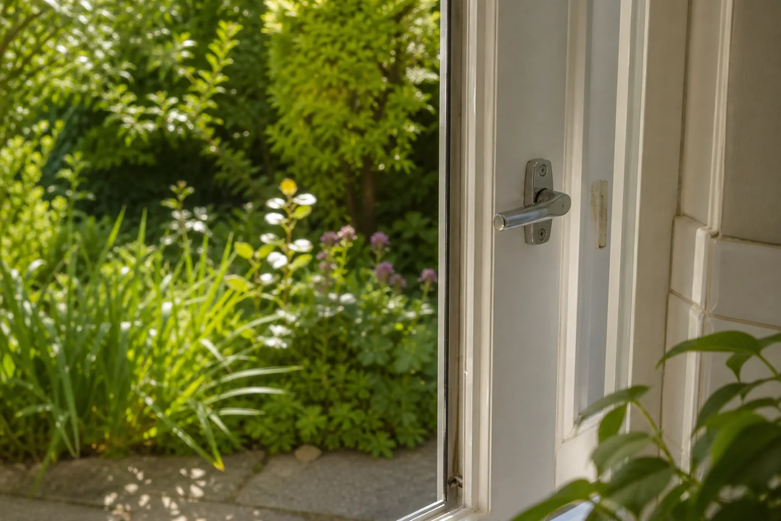 An open kitchen door frames sunlit foliage outside, keeping attention on the everyday view rather than revealing a complete backyard.