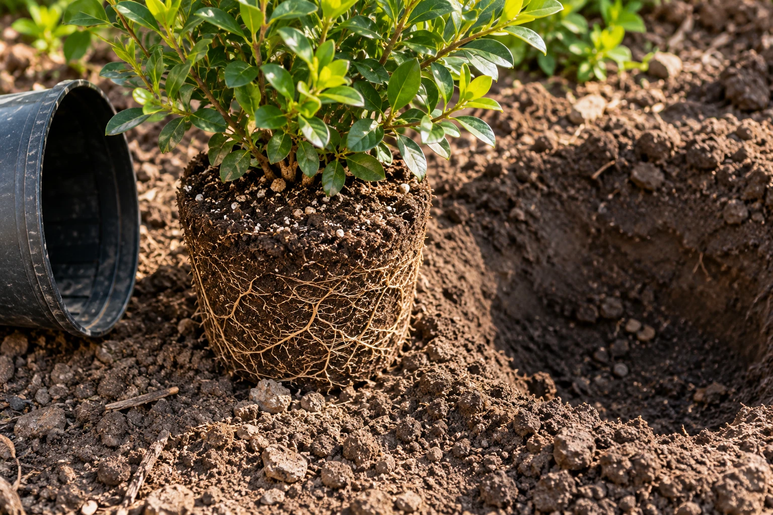 De kluit van een struik staat op de grond naast een plantgat.