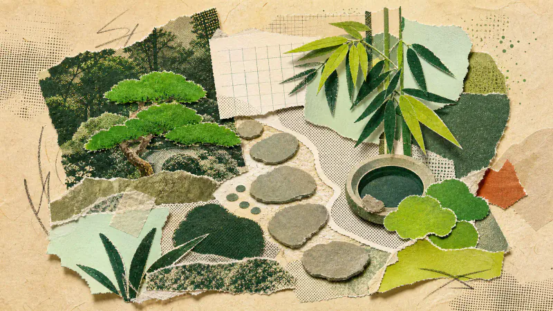 Tactile paper collage of a Japanese-inspired backyard plan with stone shapes, a winding path, clipped greenery and a small water bowl