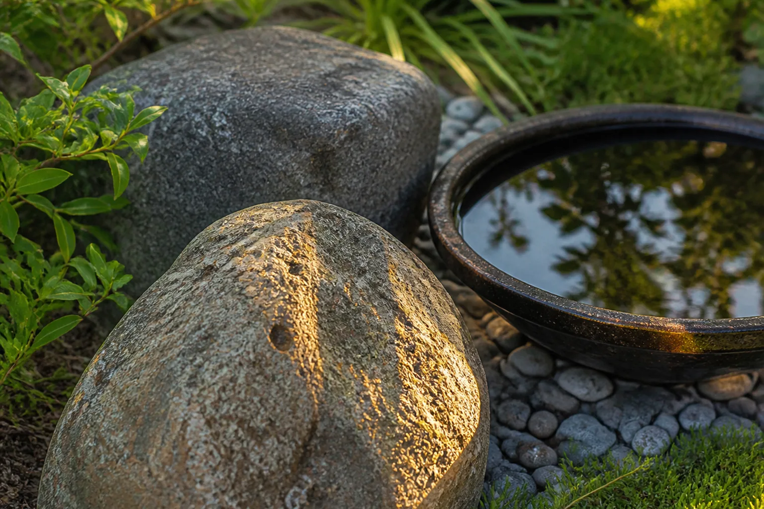 Two natural stones sit partly buried beside a shallow dark water bowl that catches a small reflection of leaves and sky.