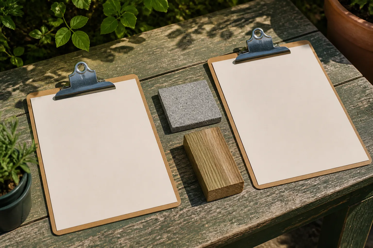 Two blank clipboards lie beside the same stone and timber samples on a worn garden worktable.