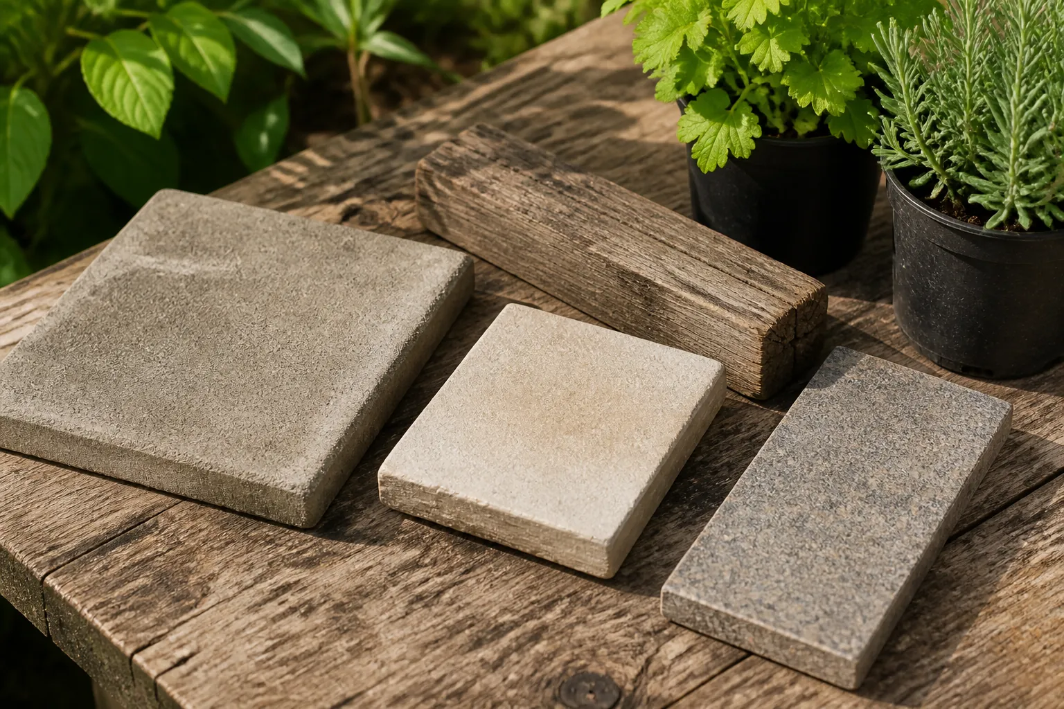 Three paving samples, a timber edging offcut and two small plants show the details a material specification should identify.