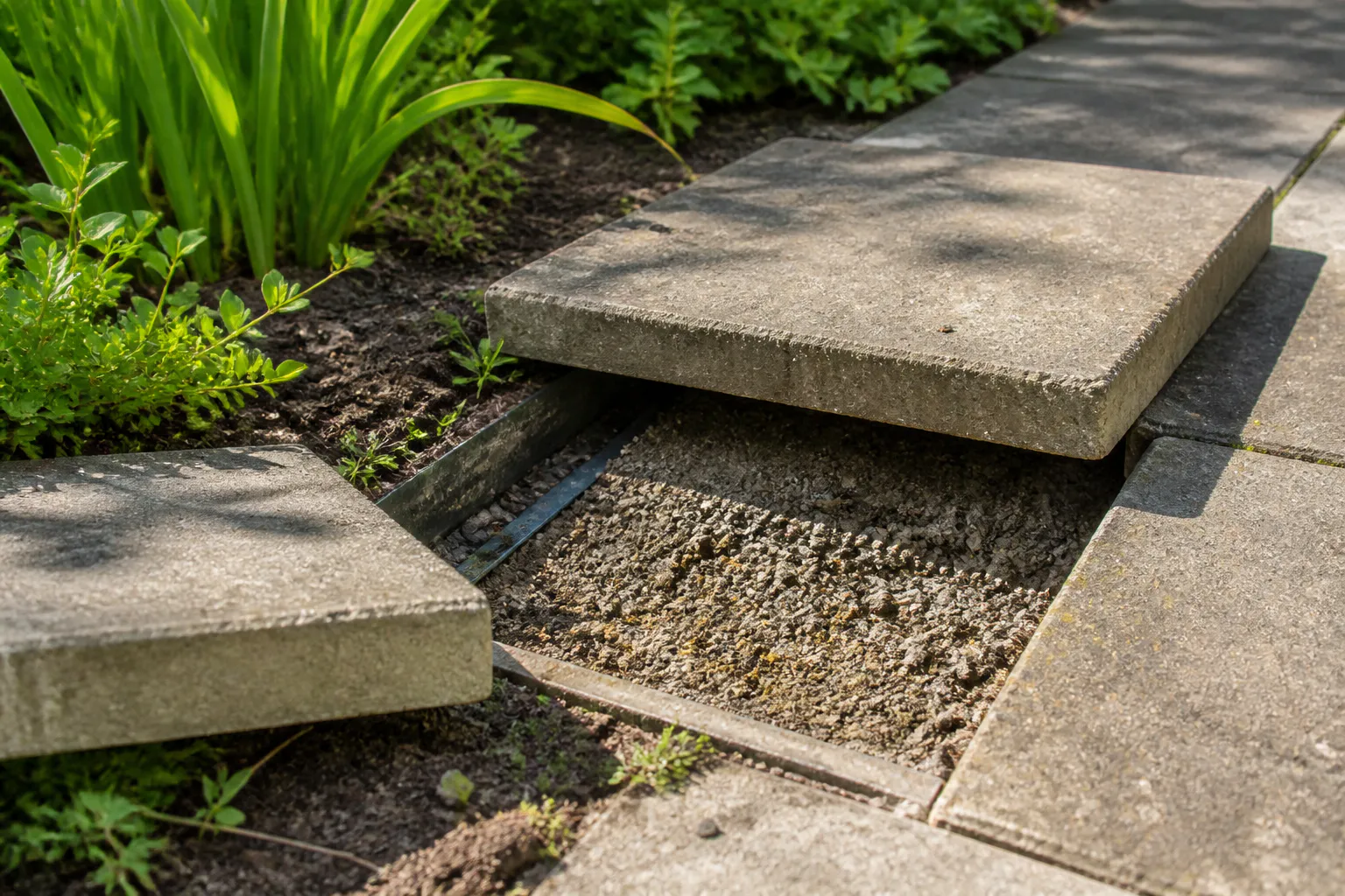 A lifted concrete paver exposes the compacted base and metal edge beneath the visible finish.