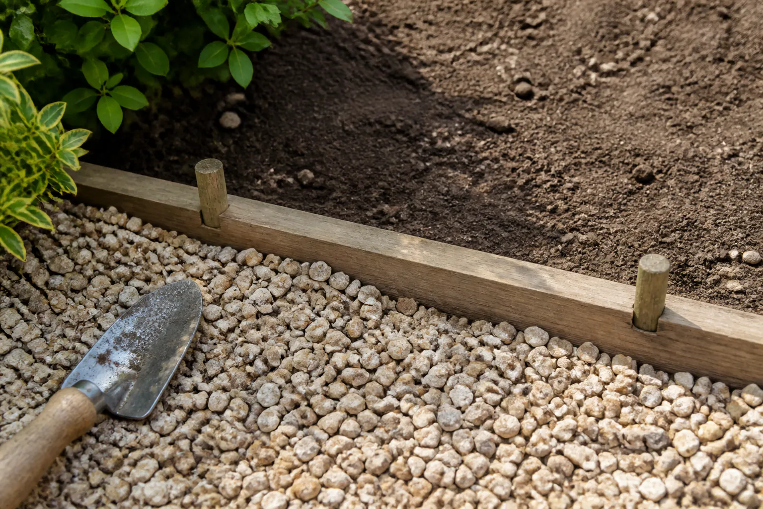 Timber edging creates a clean stopping point between finished gravel and untouched soil for a later phase.