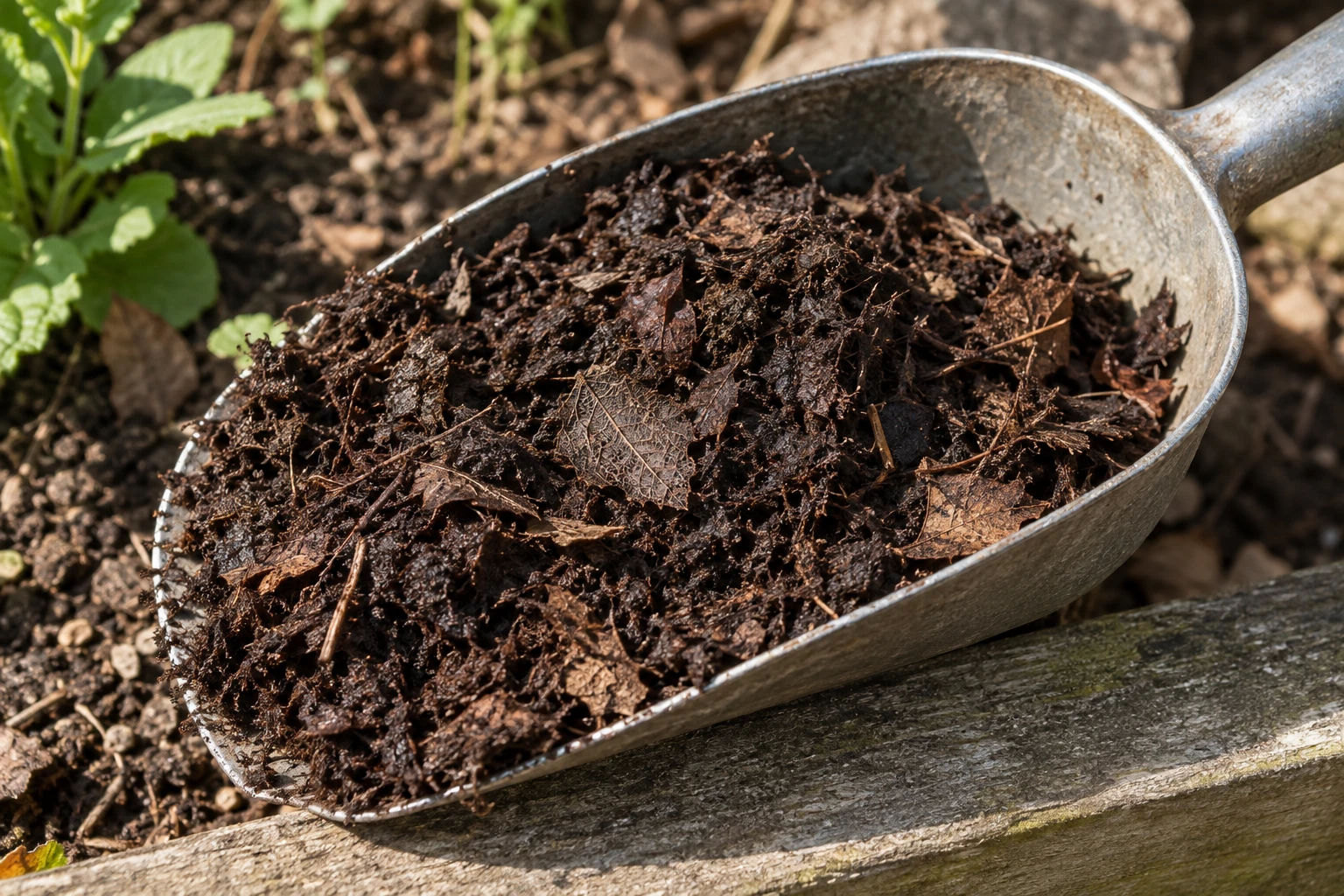Dark crumbly leaf mold with small leaf veins rests on a worn metal garden scoop.
