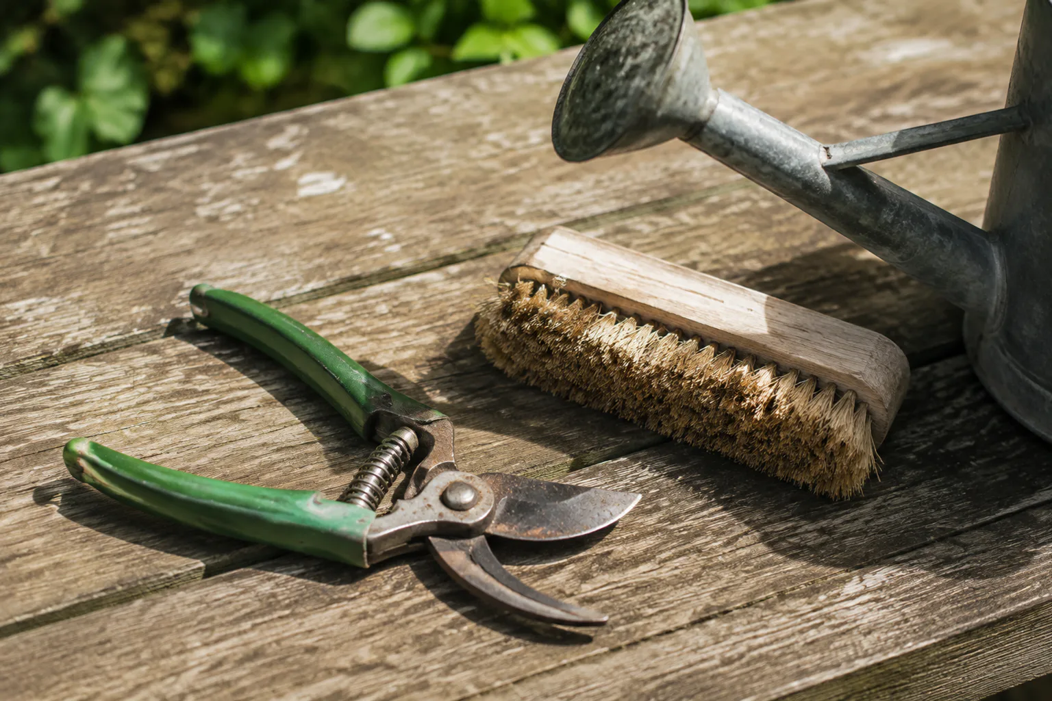 Used pruning shears, a hand brush and a watering can sit on a weathered timber bench.