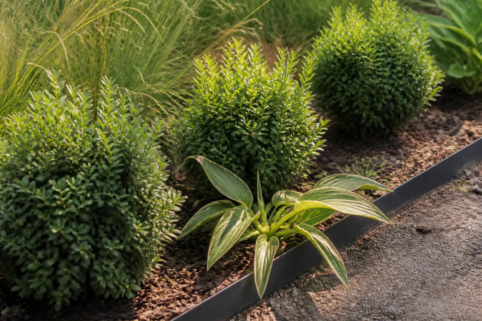 Repeated compact evergreens and loose grass sit behind a dark metal edge as one broad leaf crosses it.