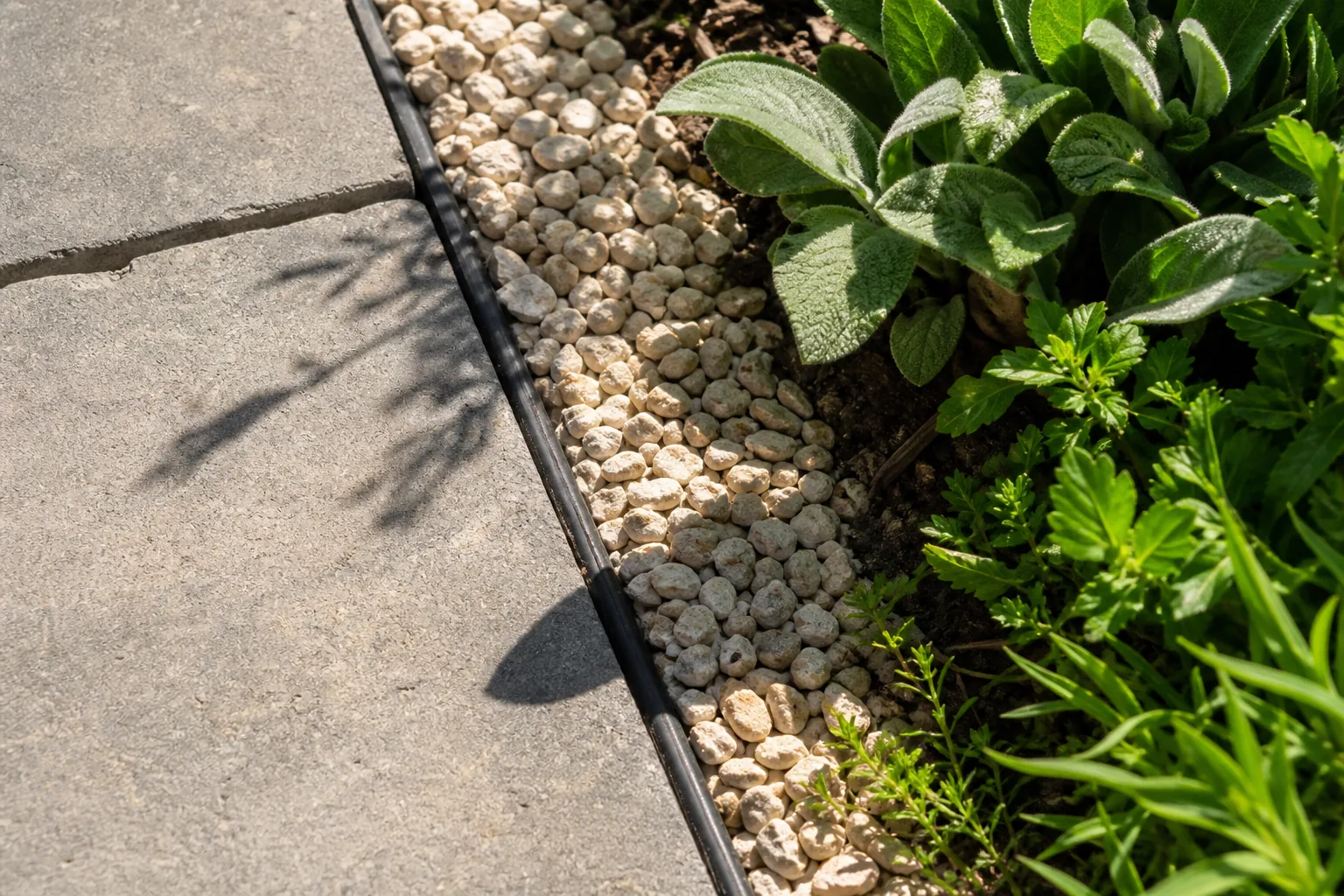 A stable paver, permeable pale gravel and a deep planted edge meet cleanly, giving each surface one practical job.