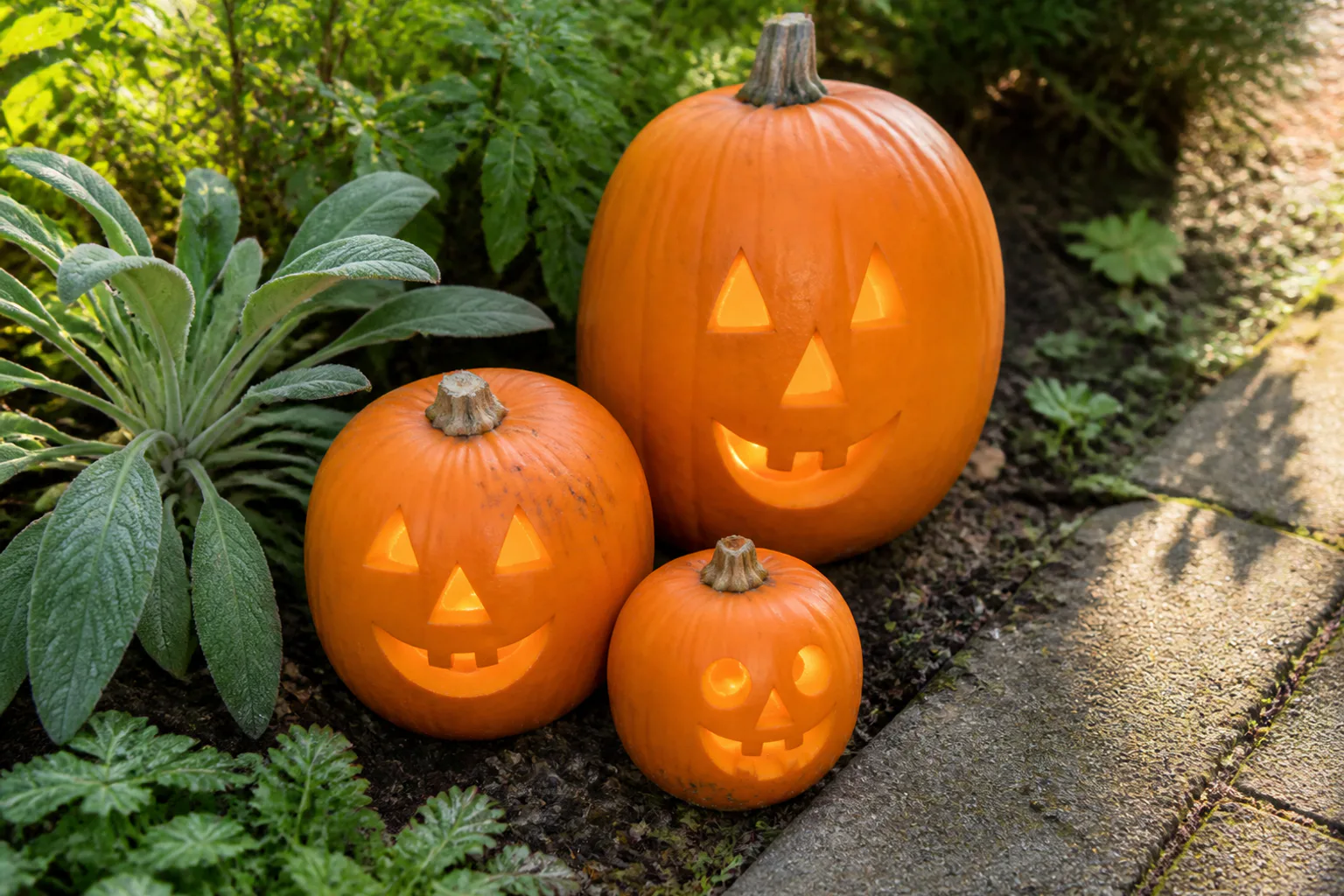 Three glowing carved pumpkins form a compact group beside a weathered paving edge and established foliage.