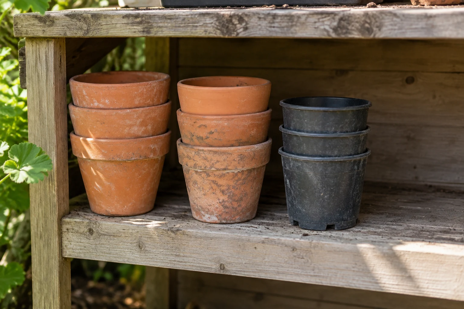 Short stacks of empty terracotta and nursery pots sit on an open wooden shelf with room to lift them out.