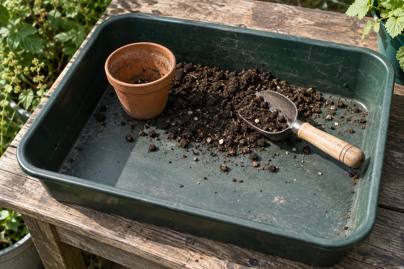 A terracotta pot, scoop and loose mix sit in a removable tray on a wooden worktop.
