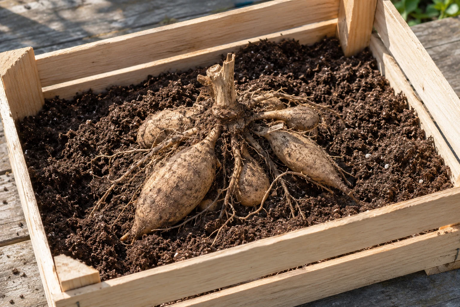 An intact dahlia clump in an open box with loose dry potting compost around the tubers.