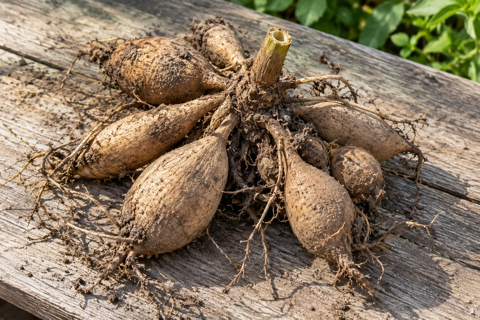 A lifted dahlia clump with intact tubers and a short section of stem.