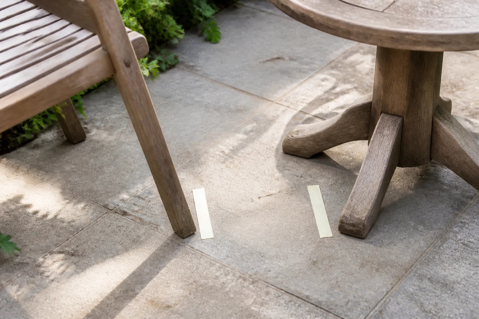 Chair and table legs sit between tape marks on worn patio paving.