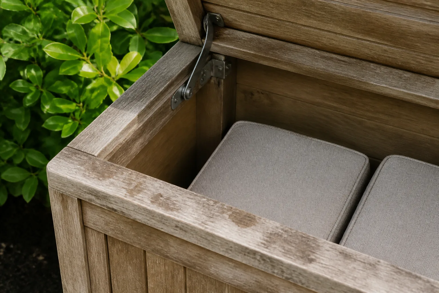 Neutral cushions sit inside an open weathered timber storage bench.