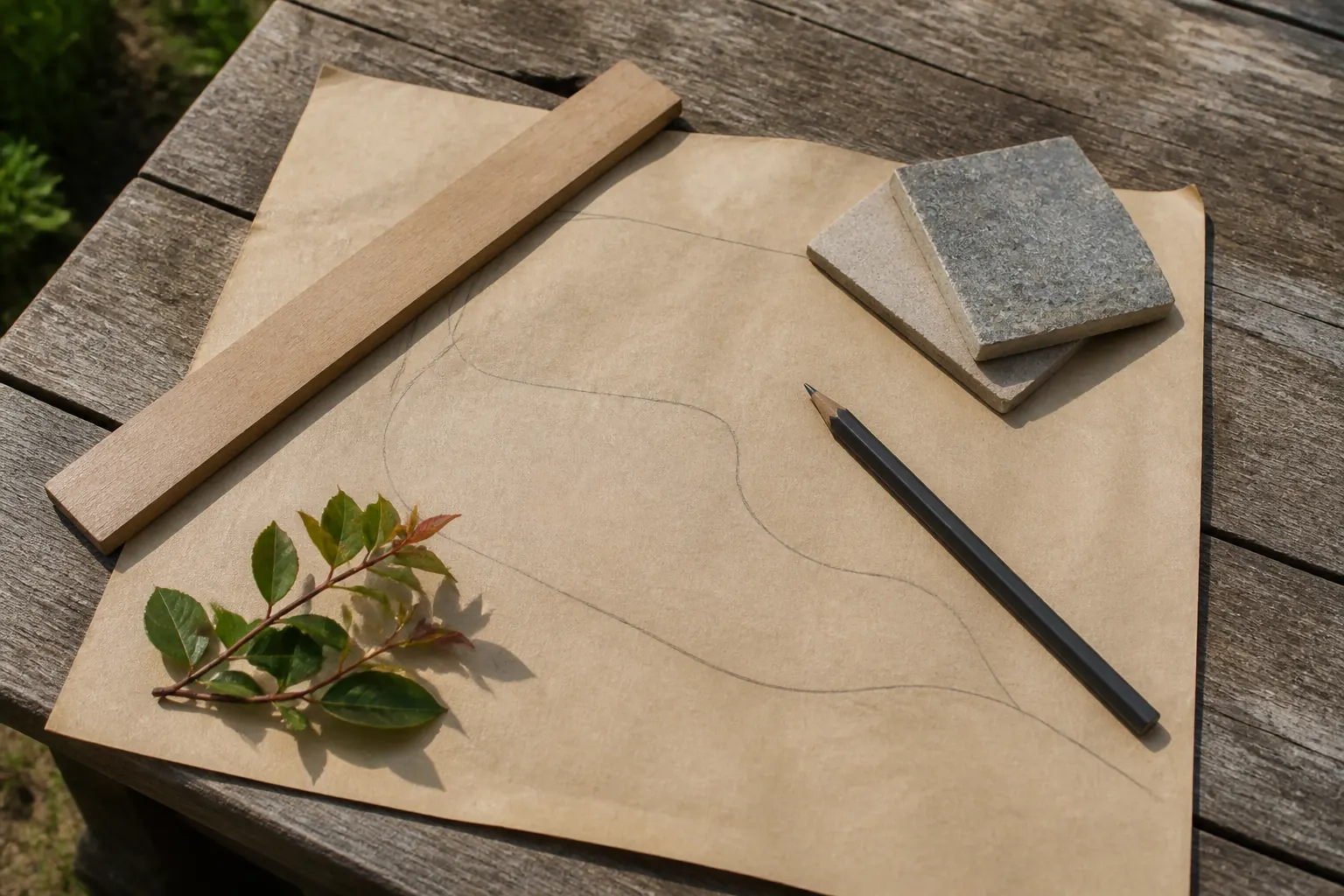 A blank garden plan, plain straightedge, pencil and material samples on a weathered outdoor table.