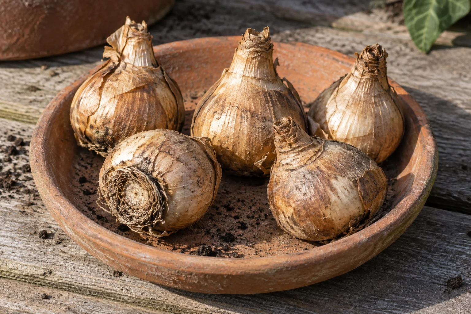 Dry daffodil bulbs with papery brown skins, pointed tips and short dried roots.