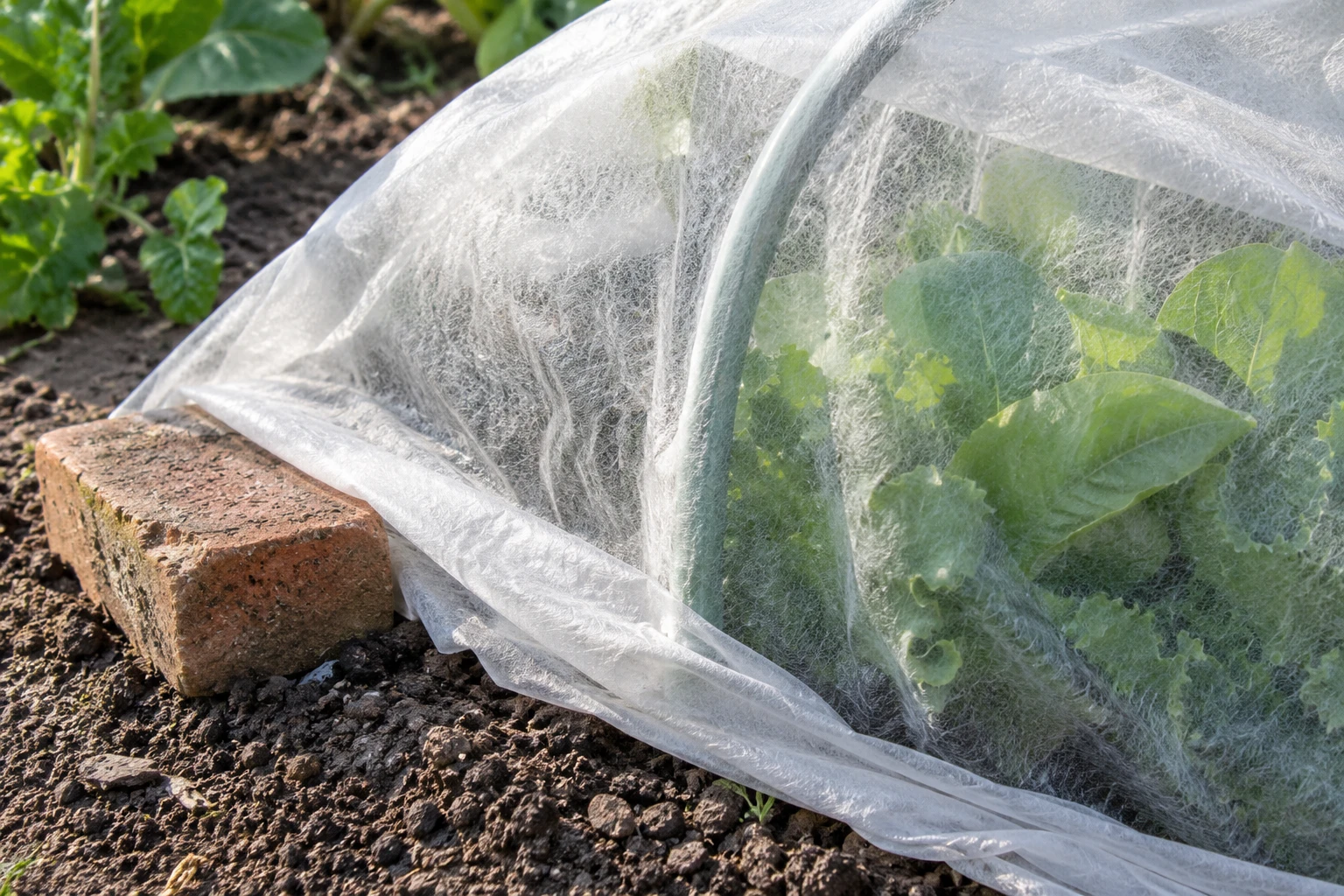 Pale horticultural fleece lies loosely over a small support, with leafy growth beneath it.