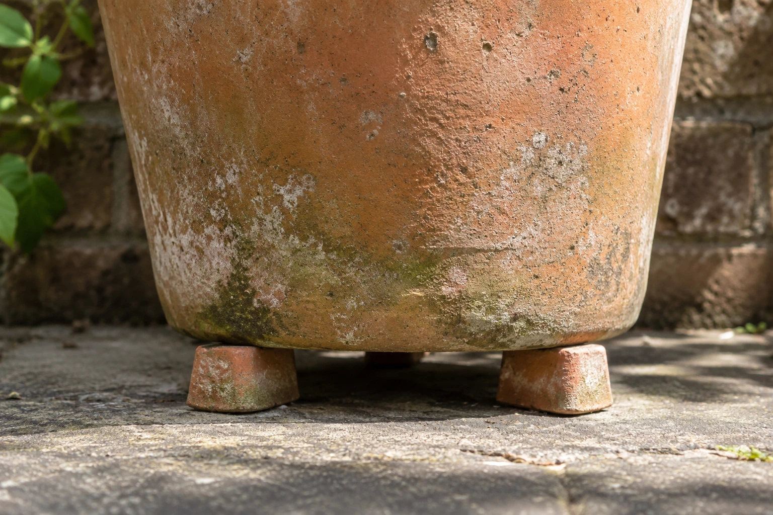 A terracotta pot rests on small pot feet, leaving a gap above the paving.
