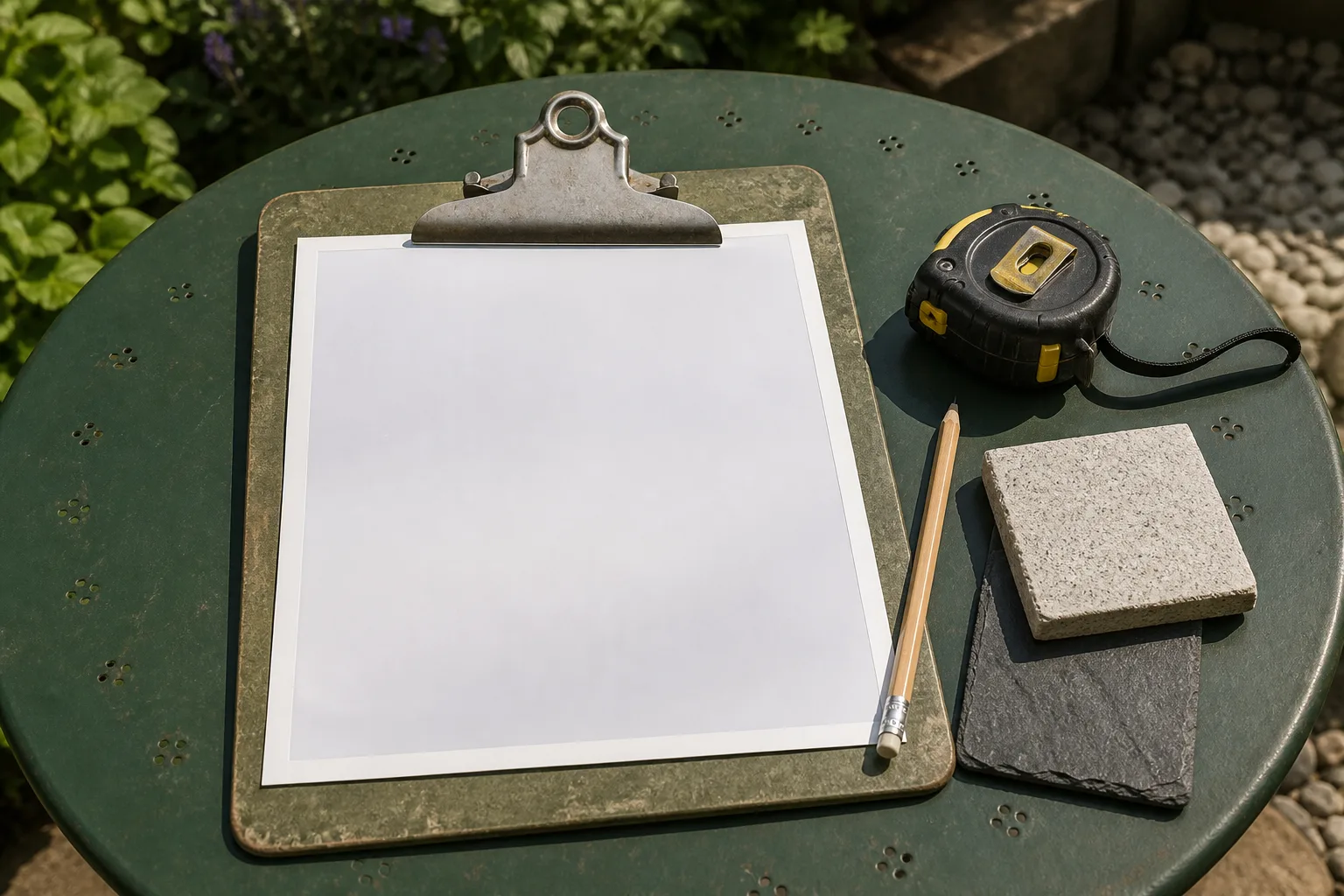Een leeg vel op een verweerd klembord ligt met een rolmaat, potlood en twee steenstalen op een tuintafel.