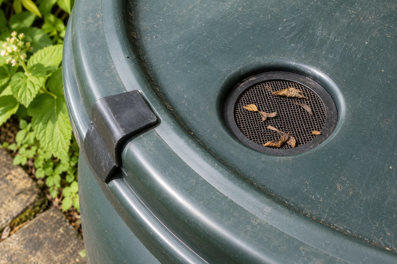 A close view of a rain-barrel lid and mesh inlet shows the surfaces that need checking for leaves.