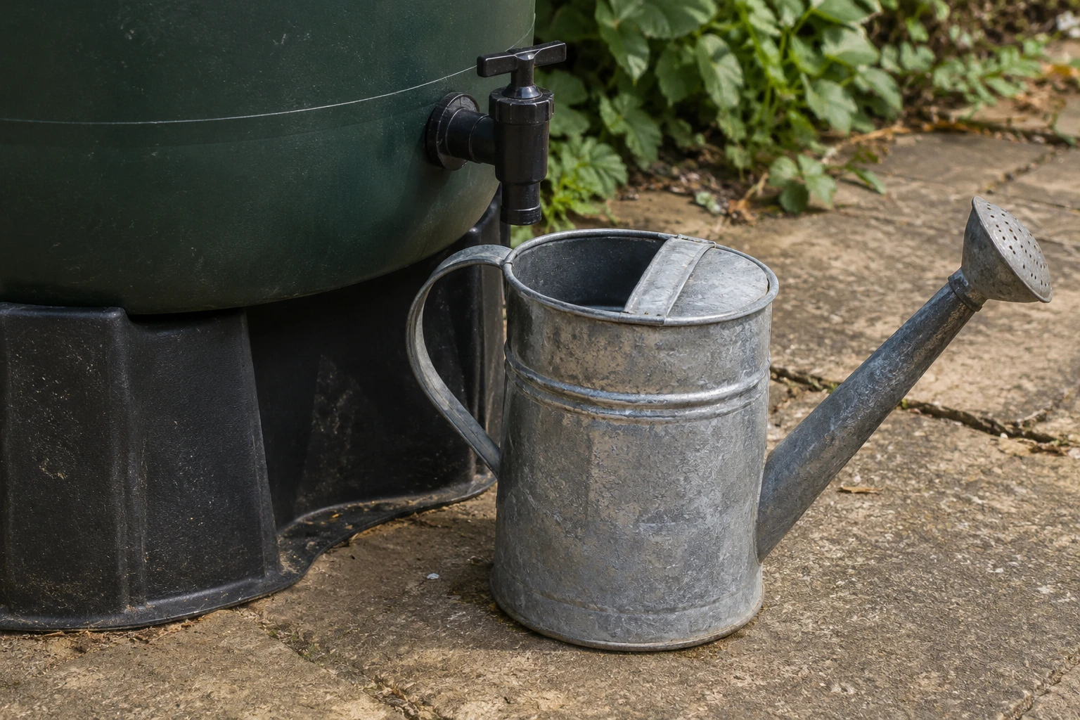 A watering can sits beneath the tap of an ordinary rain barrel, showing the space needed to fill it.