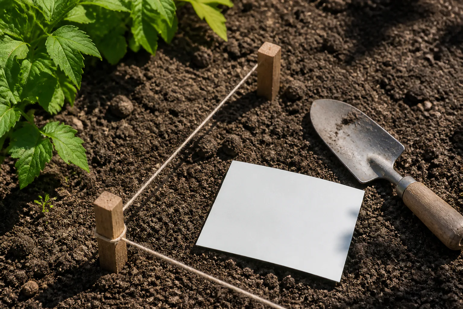 Houten paaltjes, strak touw, een kleine plantschep en een afgedrukte tuinfoto liggen samen bij één geplande hoek van de border.