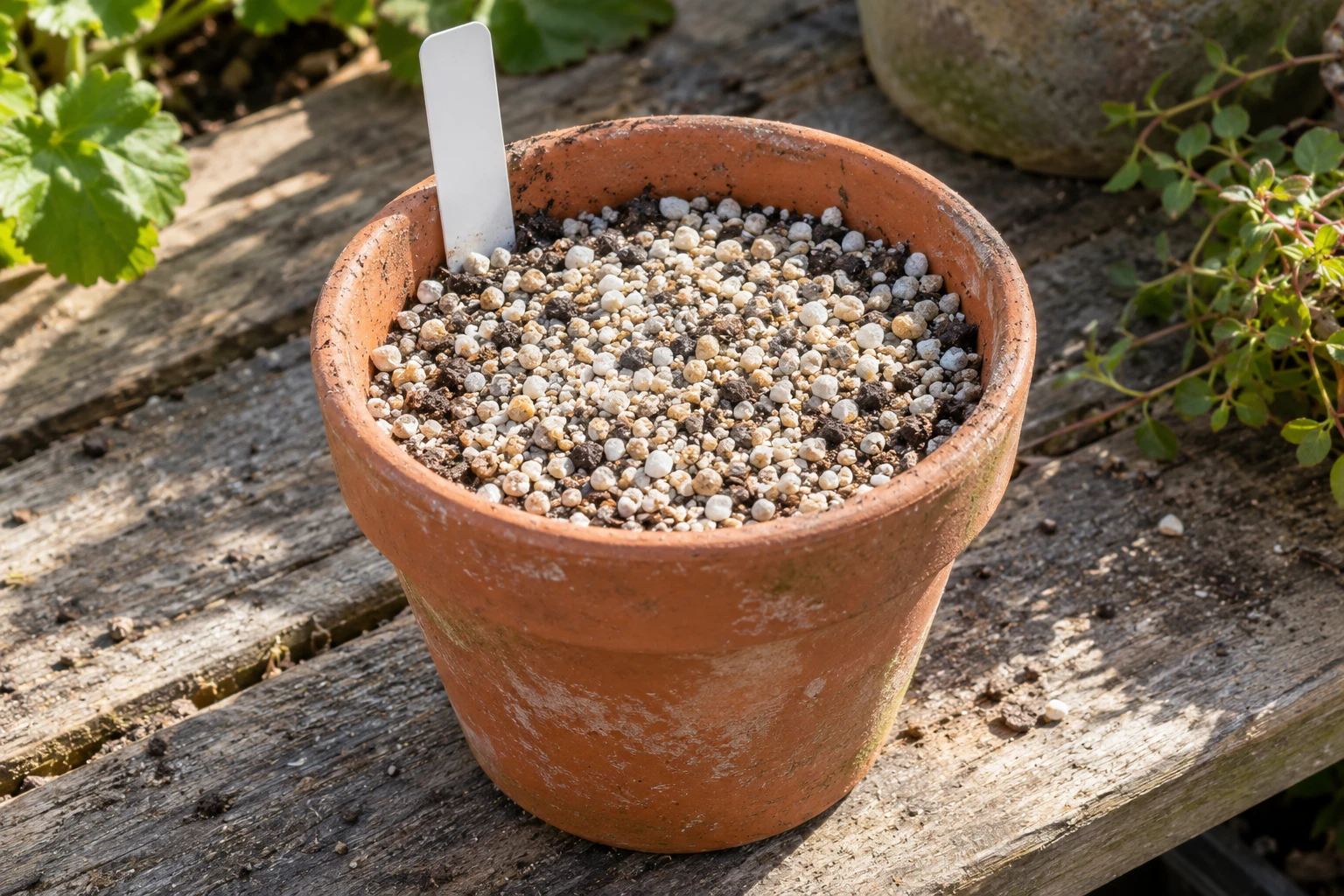 Fijn tuinbouwgrit bedekt het oppervlak van een gewone kweekpot naast een leeg plantenetiket.