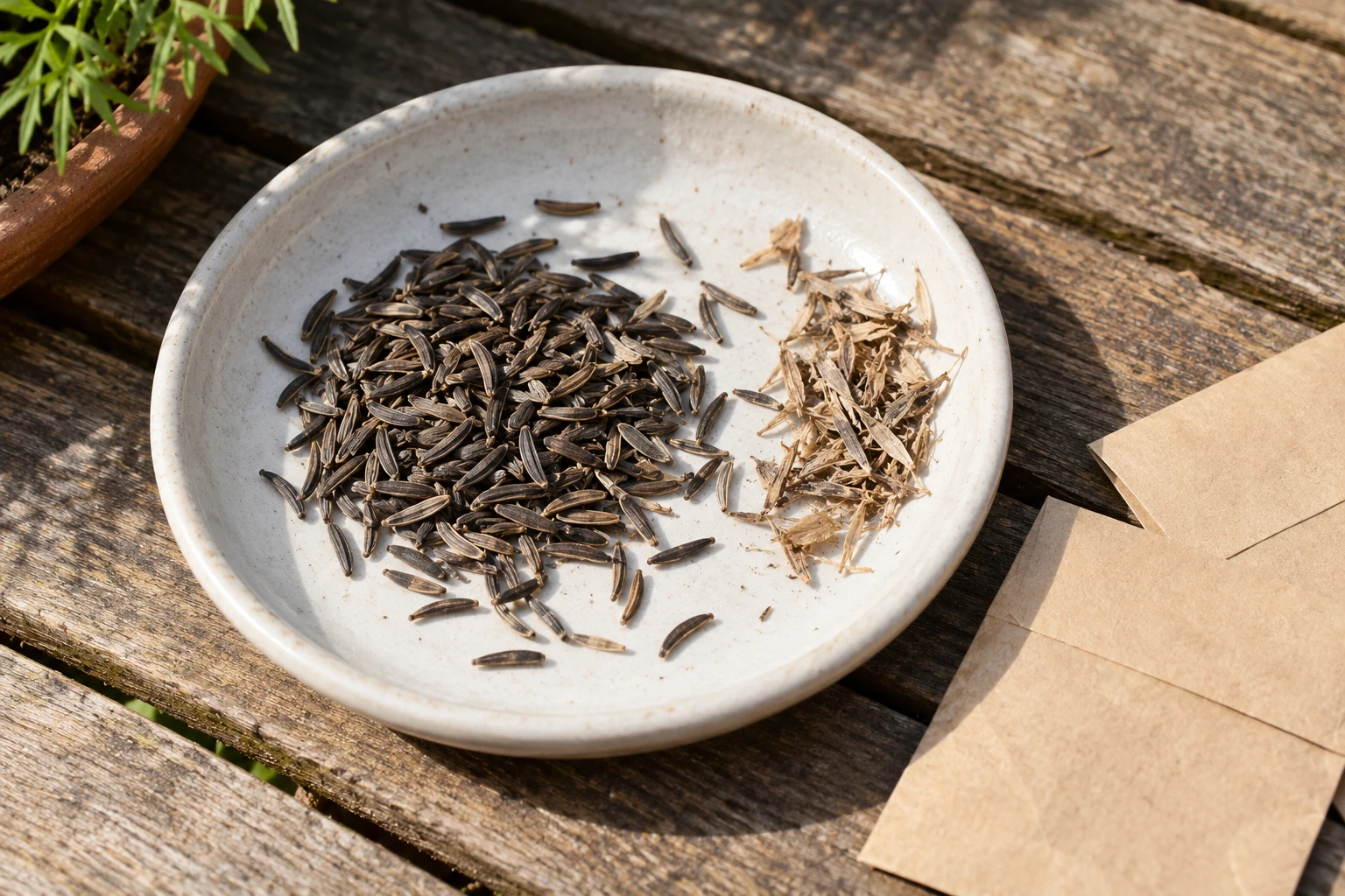 Dark seeds and pale chaff lie in a shallow off-white dish beside blank kraft envelopes on a worn wooden table.