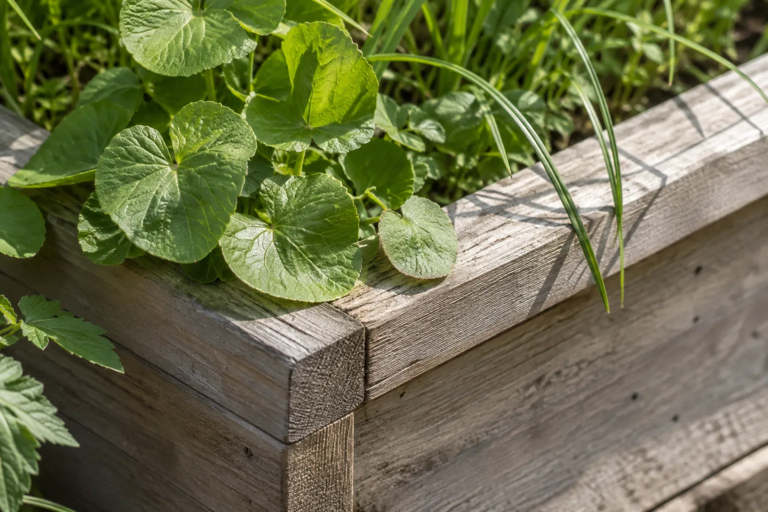Soft green foliage crosses the corner of a pale wooden planter, with the wood grain still visible.