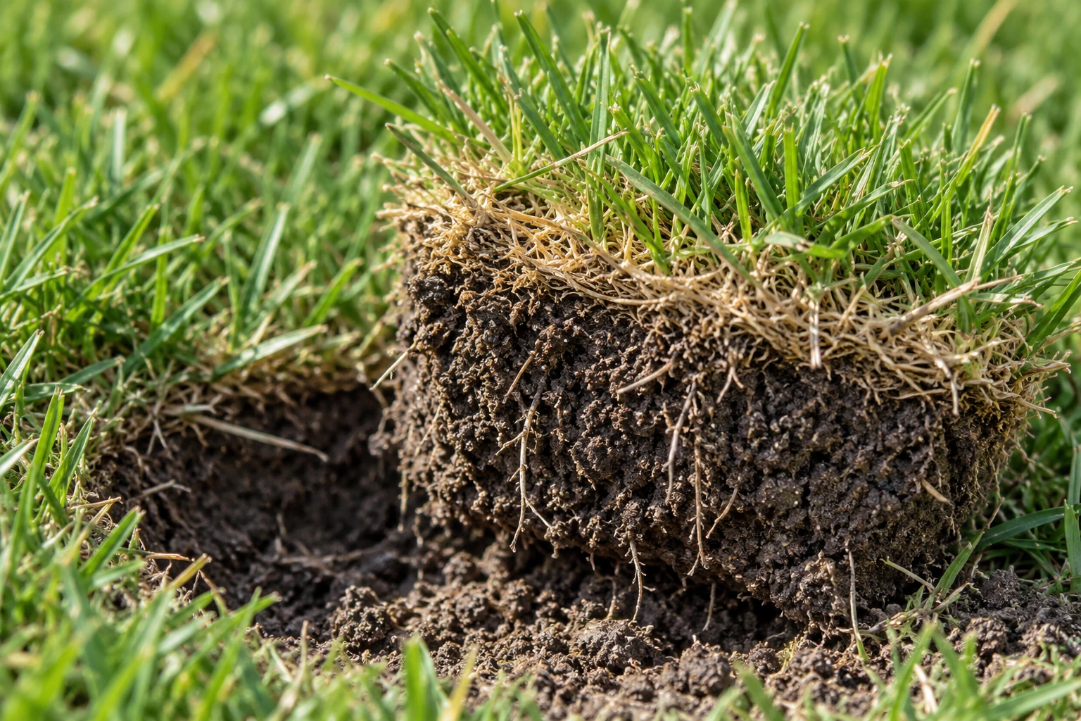 A small turf sample shows green blades above a brown fibrous layer and dark soil.
