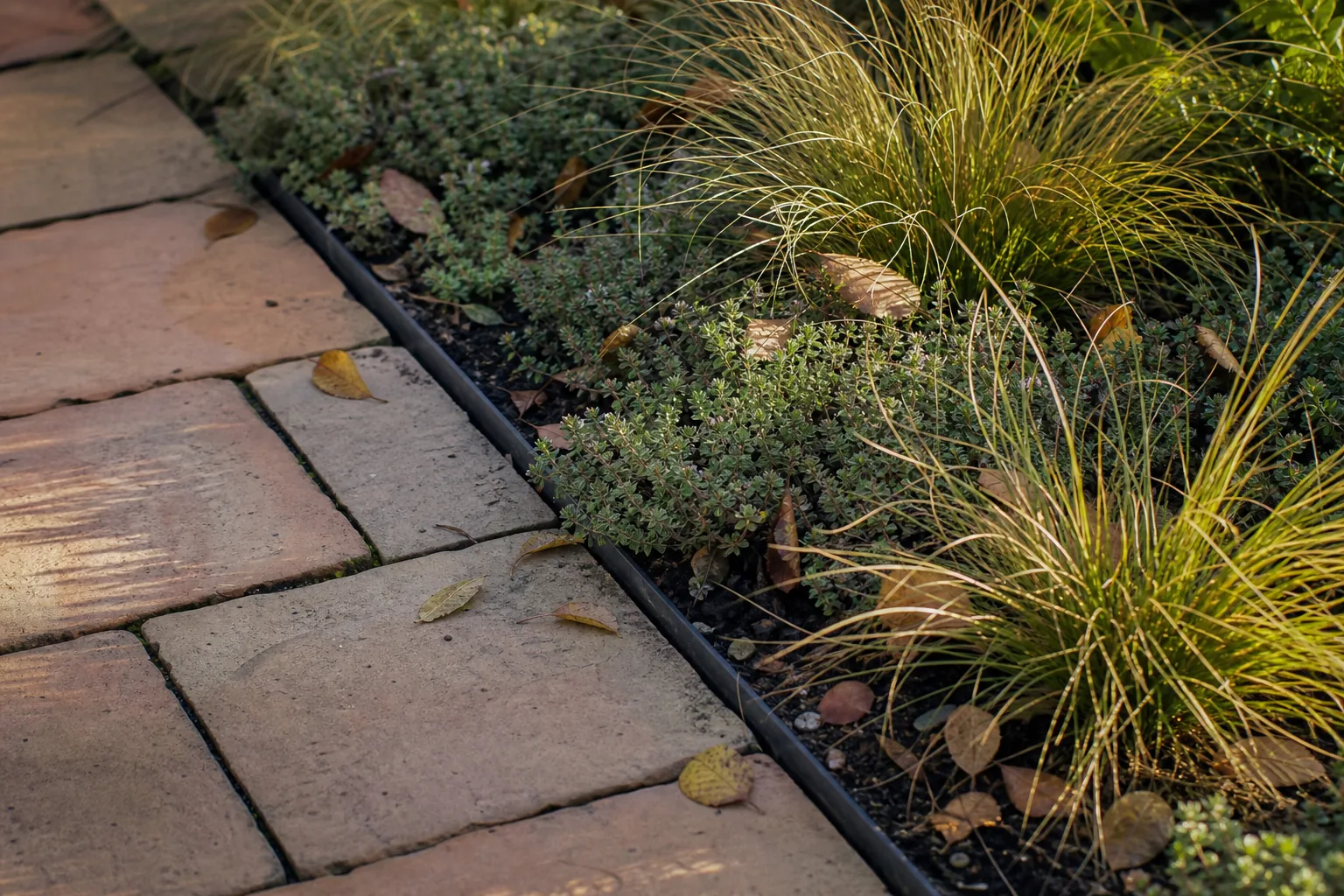 Warm clay pavers meet a broad planted edge through a narrow dark strip, with low thyme, grasses and a few fallen leaves in the sun.