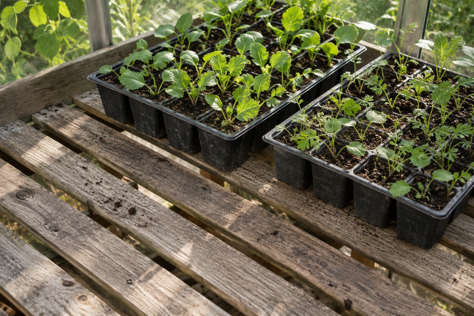 Seed trays on a slatted greenhouse bench with an empty working area in front.