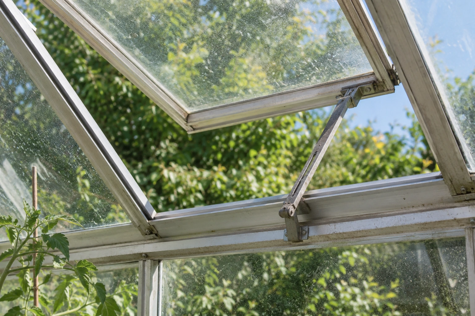 An open glazed roof vent and its metal support above the greenhouse frame.