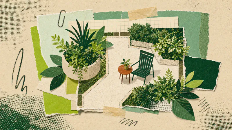 Tactiele papiercollage van een compact terrasplan met een open looproute, één stoel, gegroepeerde plantenbakken en groene bladeren