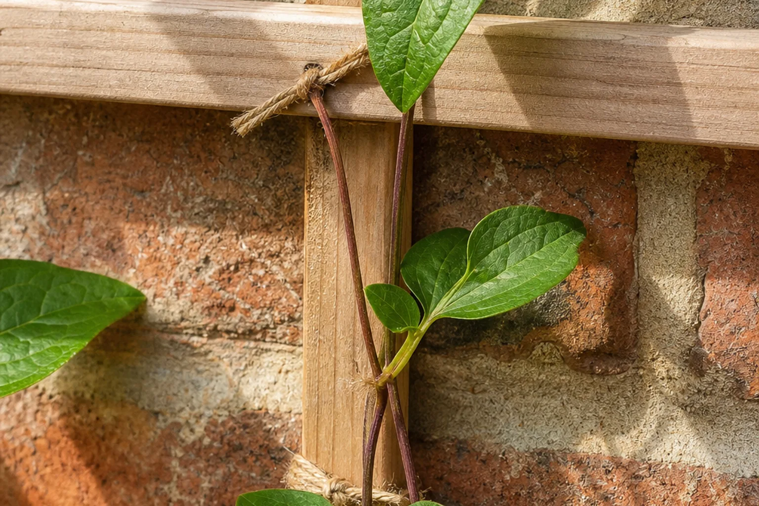 A single climber is loosely tied to a short timber trellis, leaving plenty of warm brick visible around the stems.