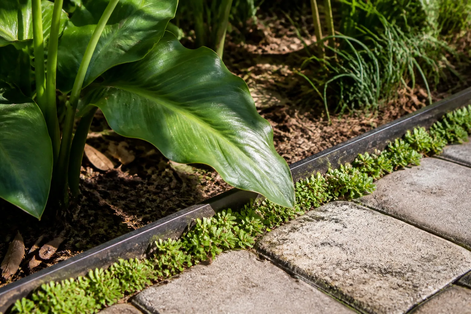 A broad green leaf stays behind a low metal edge beside worn pale path pavers and low groundcover.