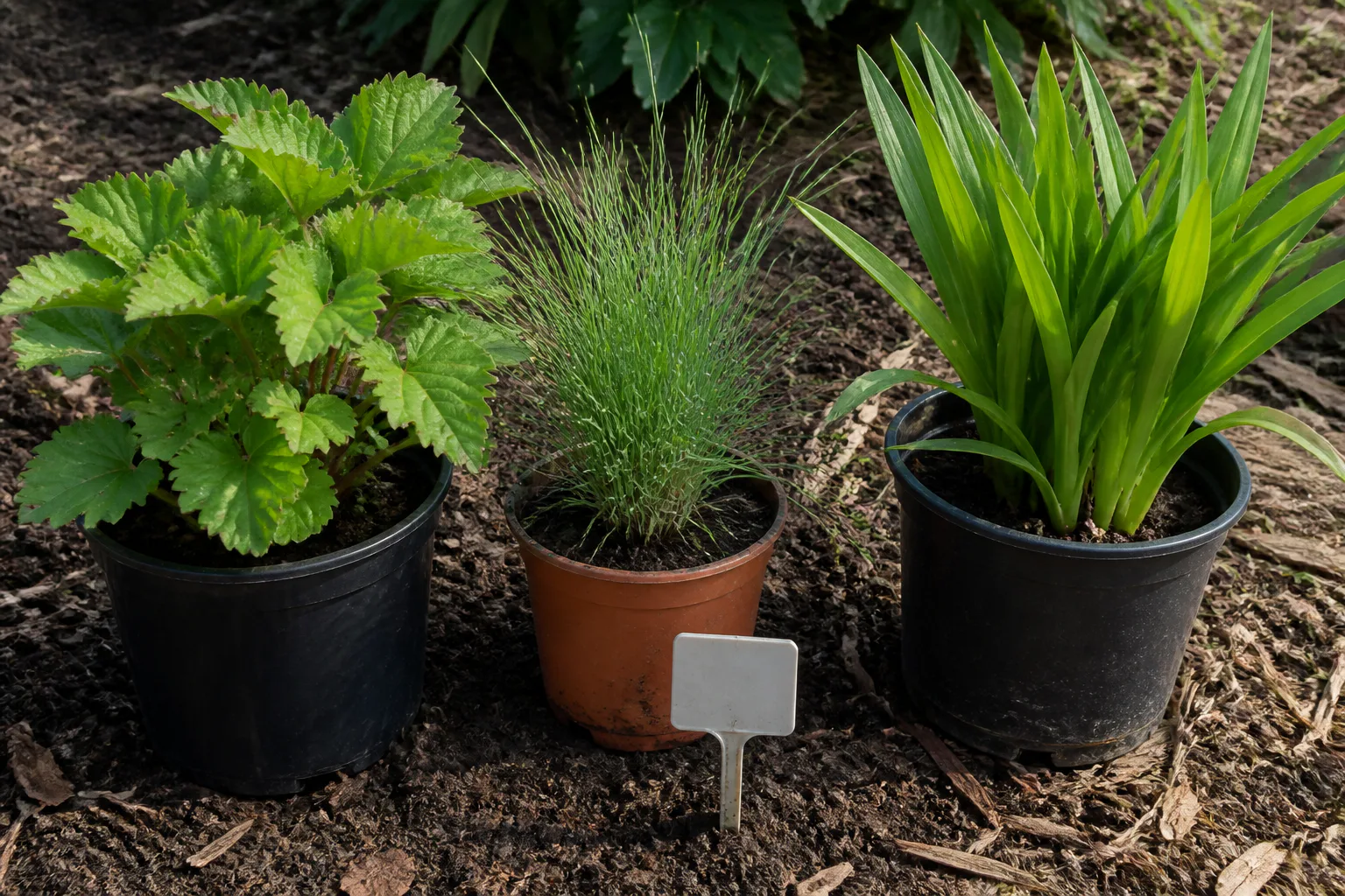 Drie gewone kweekpotten met verschillende bladvormen staan op donkere aarde naast mulch en een eenvoudig plantenlabel dat van de camera af staat.