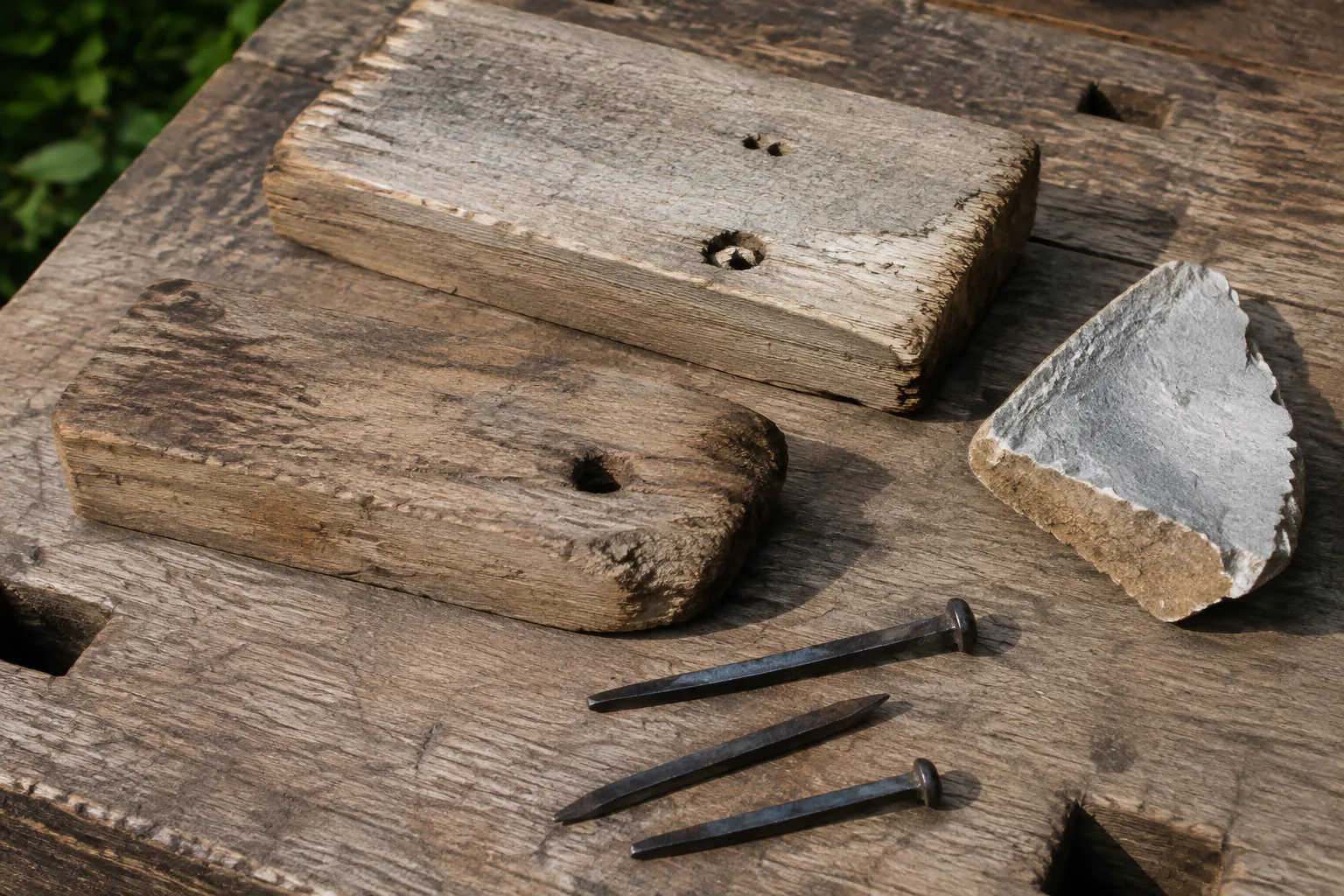 Stalen van verweerd hergebruikt hout, eenvoudige metalen bevestigingen en een afgebroken steen liggen op een gebruikte werktafel buiten.